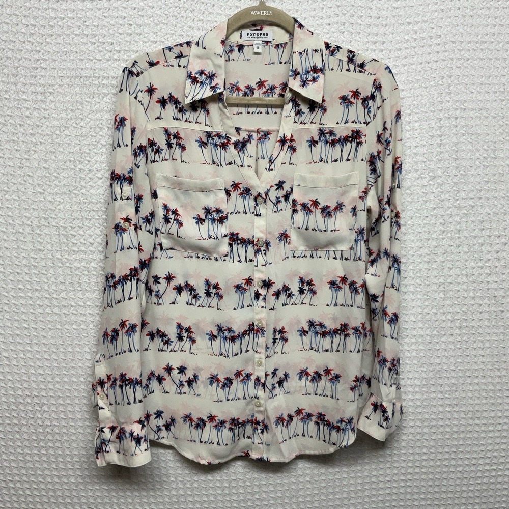 Express Portofino Palm Tree Print Long Sleeve Roll Tab Shirt Sz M Red Blue Pink